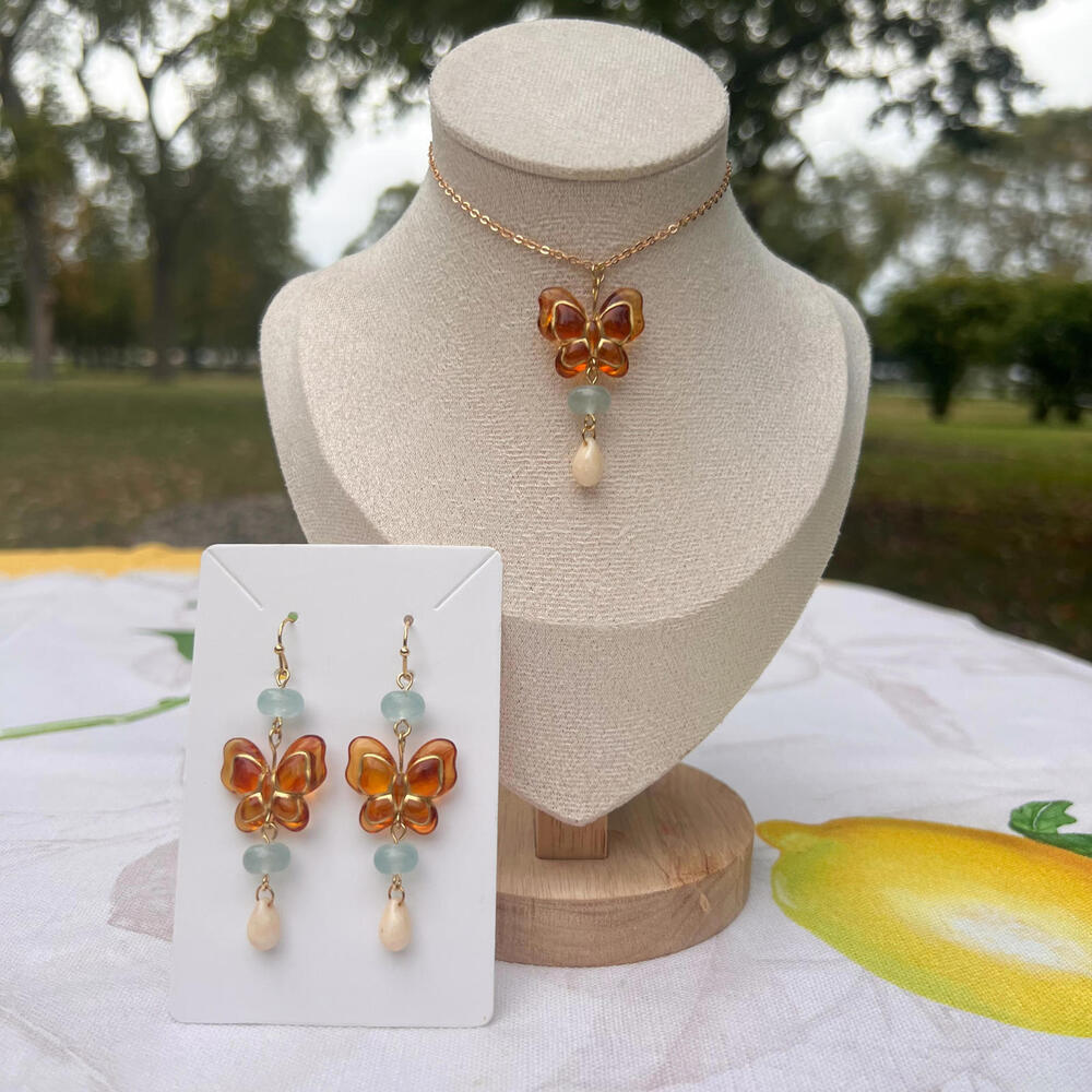 Amber Blue Jade Beige Czech Glass Acrylic Butterfly Necklace, Cute Fun Jewelry - Picture 7 of 7
